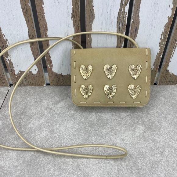 DONALD J PLINER Tan & Gold Suede Crossbody Purse Hammered Silver Hearts RARE - Picture 1 of 12